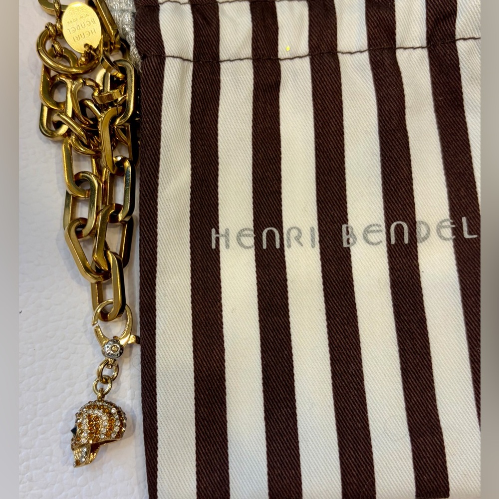 RARE EUC HENRI BENDEL SKULL BRACELET GOLD TONED CHUNKY CHAIN CRYSTAL SKULL CHARM - Picture 9 of 11